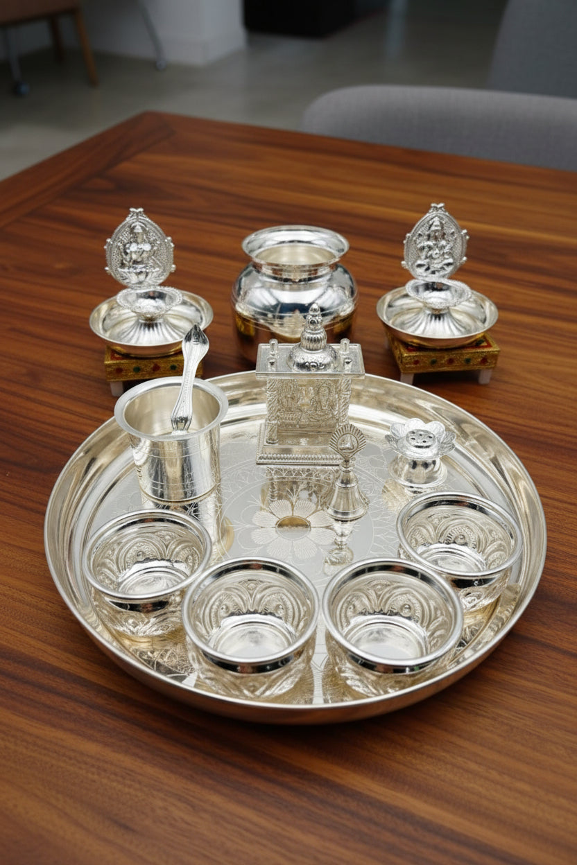 German Silver Pooja Thali Set – 16 Pieces – Varalakshmi Festival / Diwali Puja Essentials
