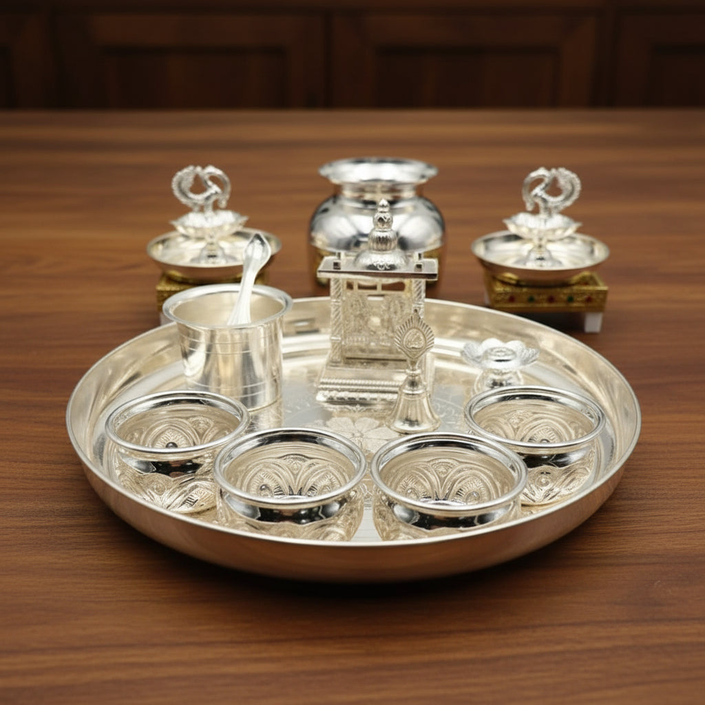 German Silver Pooja Thali Set with peacock diya – 16 Pieces – Varalakshmi Festival / Diwali Puja Essentials