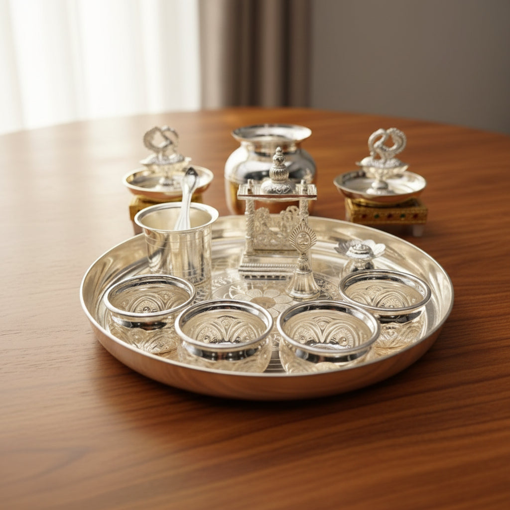 German Silver Pooja Thali Set with peacock diya – 16 Pieces – Varalakshmi Festival / Diwali Puja Essentials