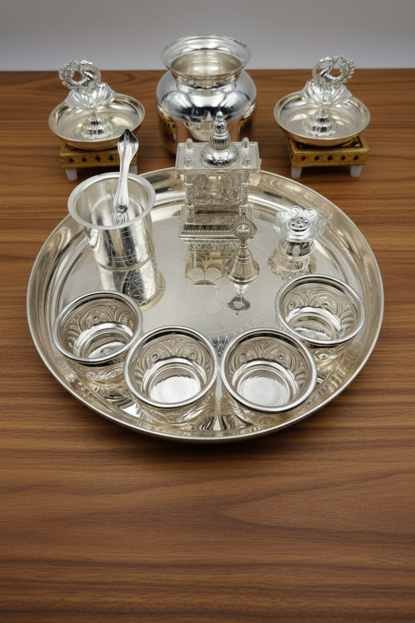 German Silver Pooja Thali Set with peacock diya – 16 Pieces – Varalakshmi Festival / Diwali Puja Essentials