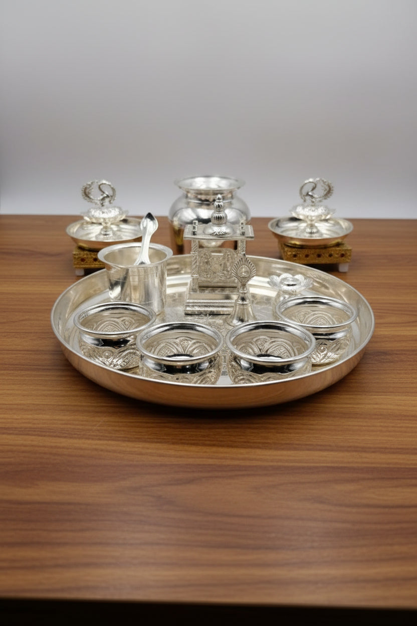 German Silver Pooja Thali Set with peacock diya – 16 Pieces – Varalakshmi Festival / Diwali Puja Essentials