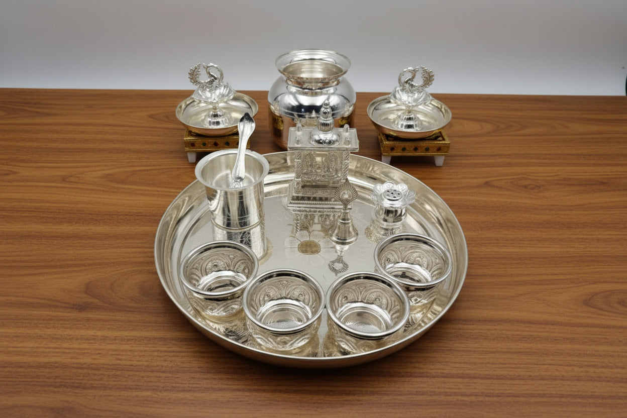 German Silver Pooja Thali Set with peacock diya – 16 Pieces – Varalakshmi Festival / Diwali Puja Essentials