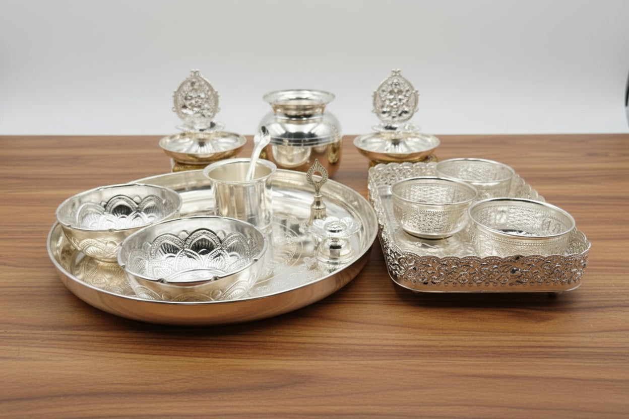 German Silver Pooja Thali tray Set – 17 Pieces – Varalakshmi Festival / Diwali Puja Essentials