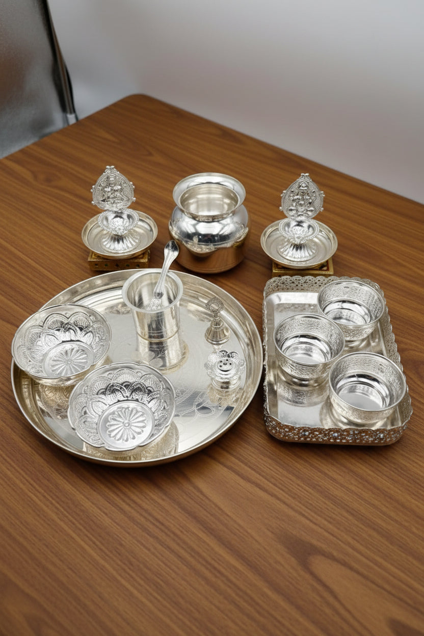 German Silver Pooja Thali tray Set – 17 Pieces – Varalakshmi Festival / Diwali Puja Essentials