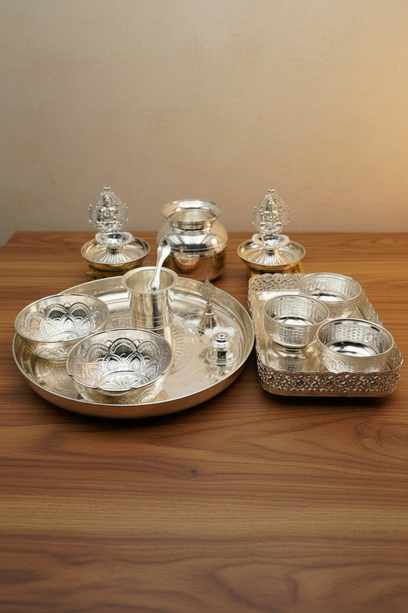 German Silver Pooja Thali tray Set – 17 Pieces – Varalakshmi Festival / Diwali Puja Essentials