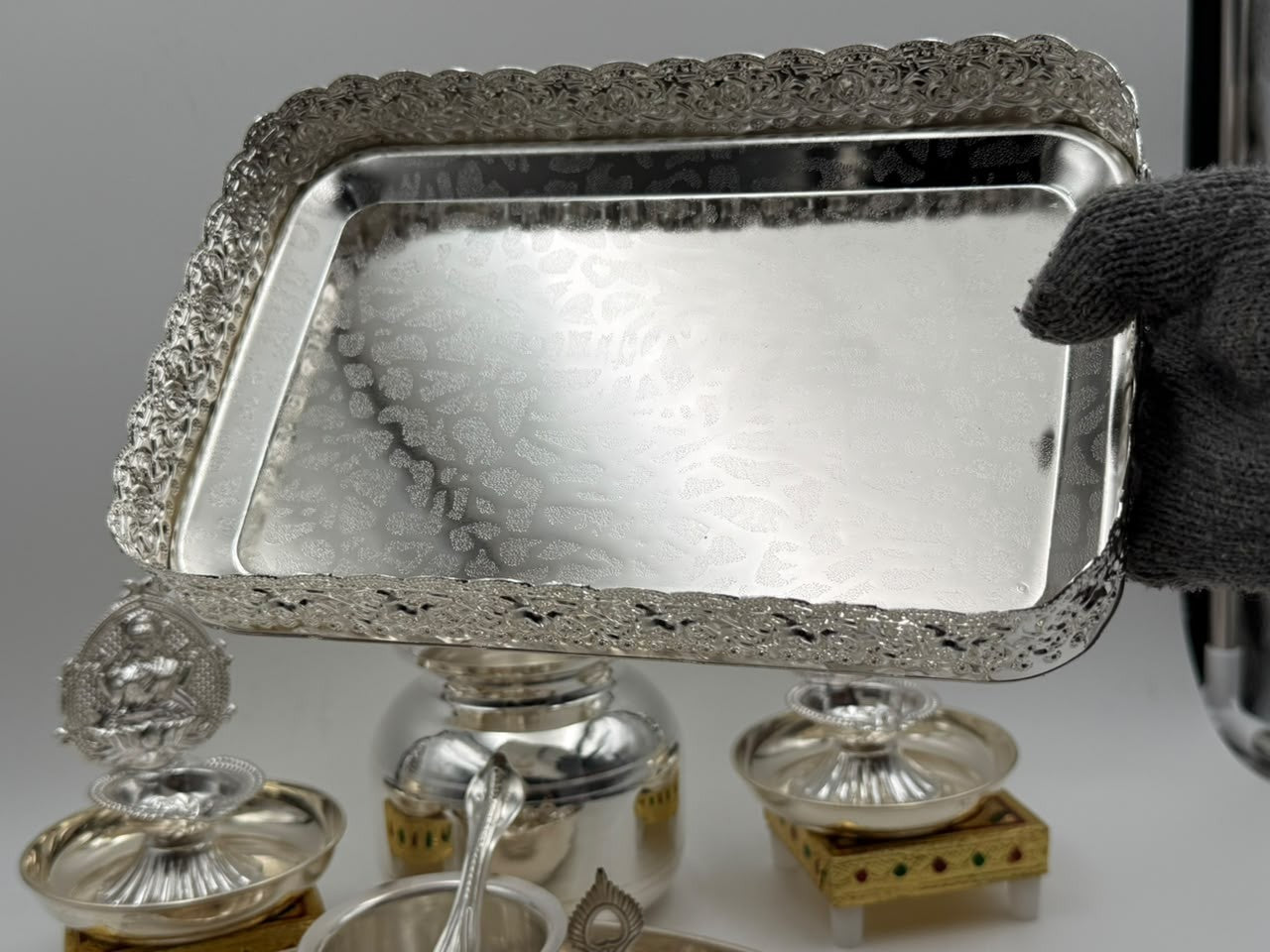 German Silver Pooja Thali tray Set – 17 Pieces – Varalakshmi Festival / Diwali Puja Essentials