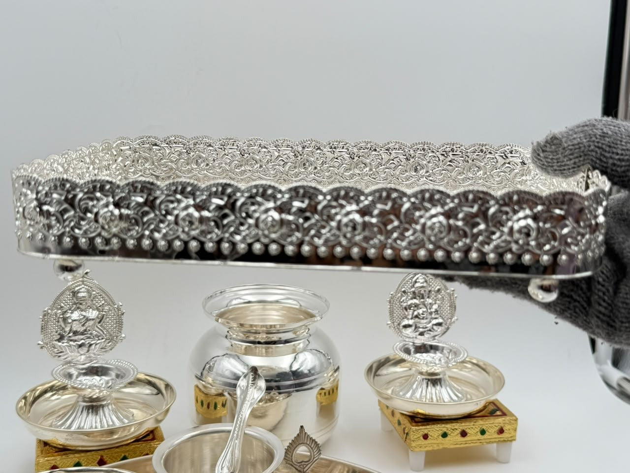 German Silver Pooja Thali tray Set – 17 Pieces – Varalakshmi Festival / Diwali Puja Essentials