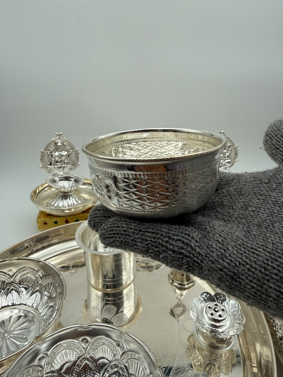 German Silver Pooja Thali tray Set – 17 Pieces – Varalakshmi Festival / Diwali Puja Essentials