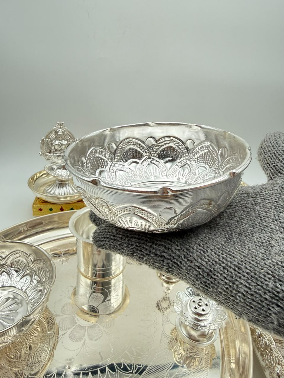 German Silver Pooja Thali tray Set – 17 Pieces – Varalakshmi Festival / Diwali Puja Essentials