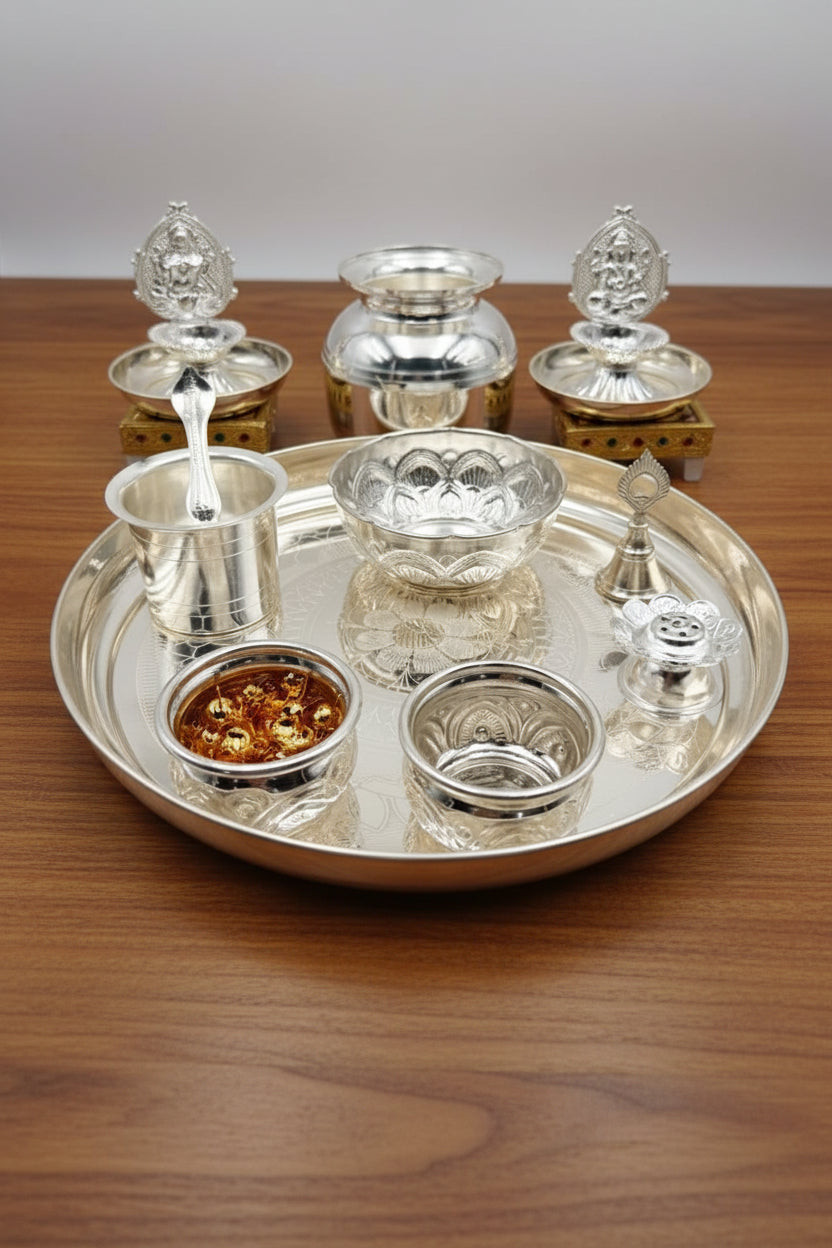 German Silver Pooja Thali Set – 15 Pieces – Varalakshmi Festival / Diwali Puja Essentials