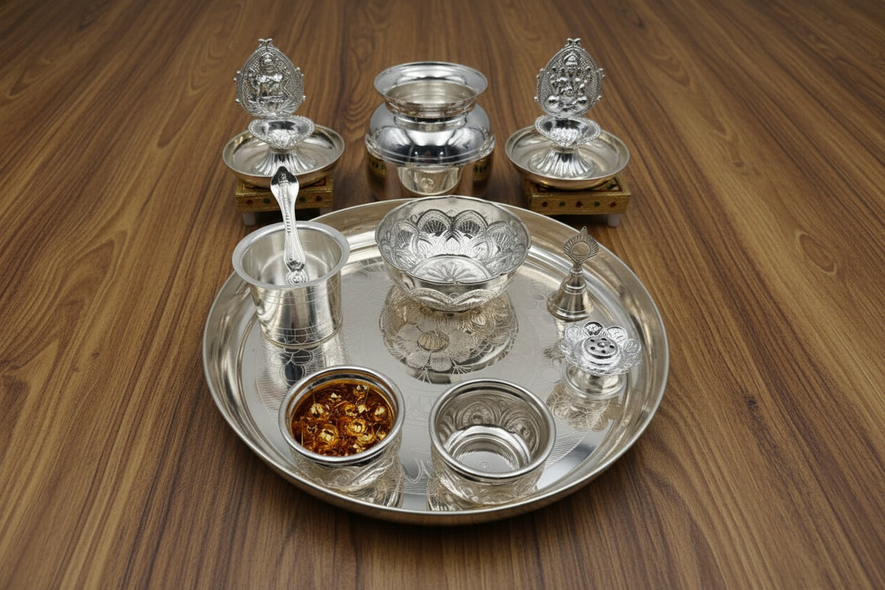 German Silver Pooja Thali Set – 15 Pieces – Varalakshmi Festival / Diwali Puja Essentials