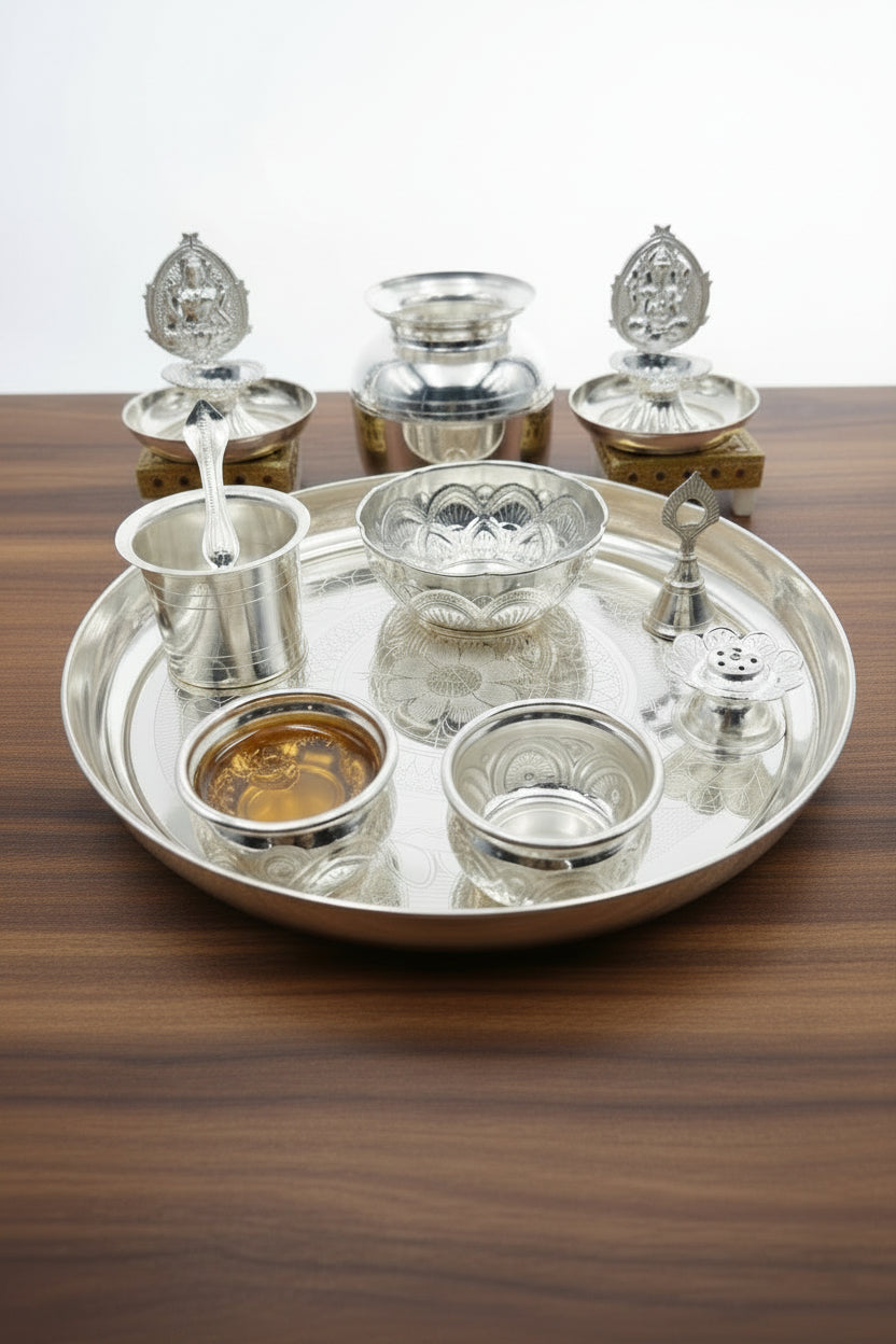 German Silver Pooja Thali Set – 15 Pieces – Varalakshmi Festival / Diwali Puja Essentials