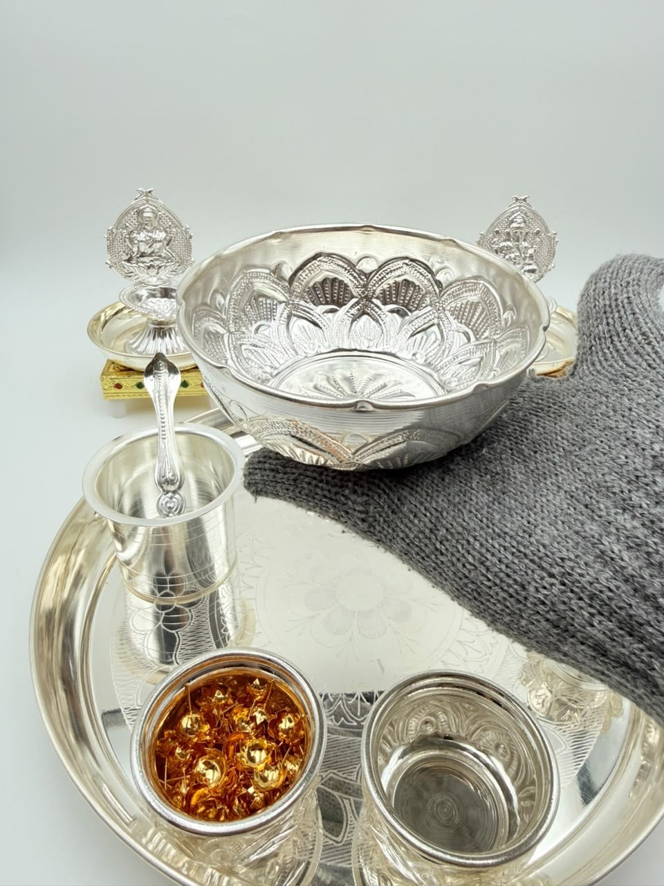 German Silver Pooja Thali Set – 15 Pieces – Varalakshmi Festival / Diwali Puja Essentials