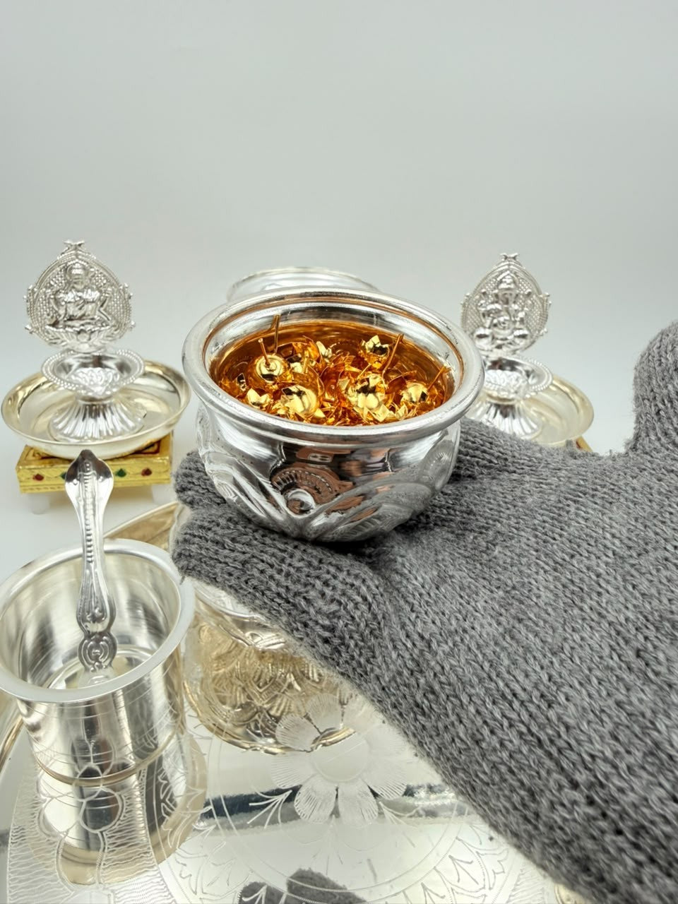German Silver Pooja Thali Set – 15 Pieces – Varalakshmi Festival / Diwali Puja Essentials