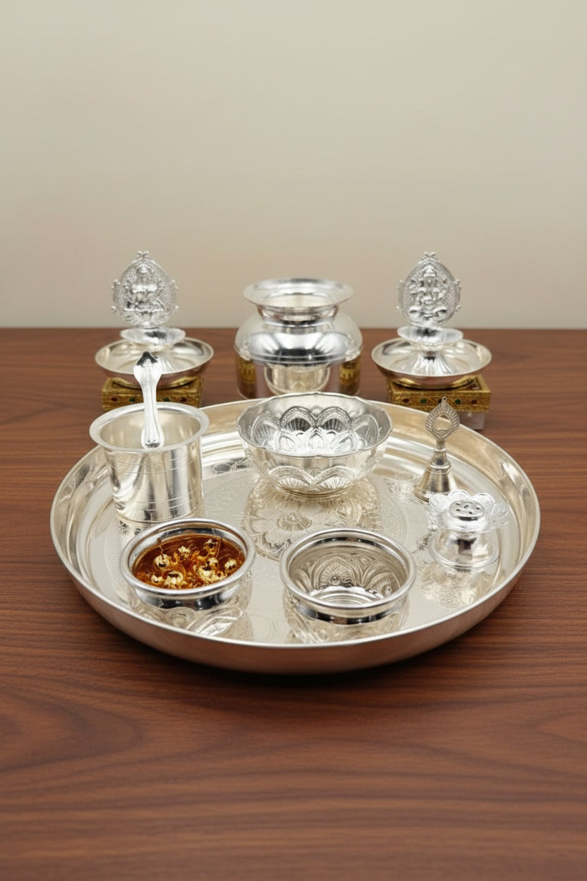 German Silver Pooja Thali Set – 15 Pieces – Varalakshmi Festival / Diwali Puja Essentials