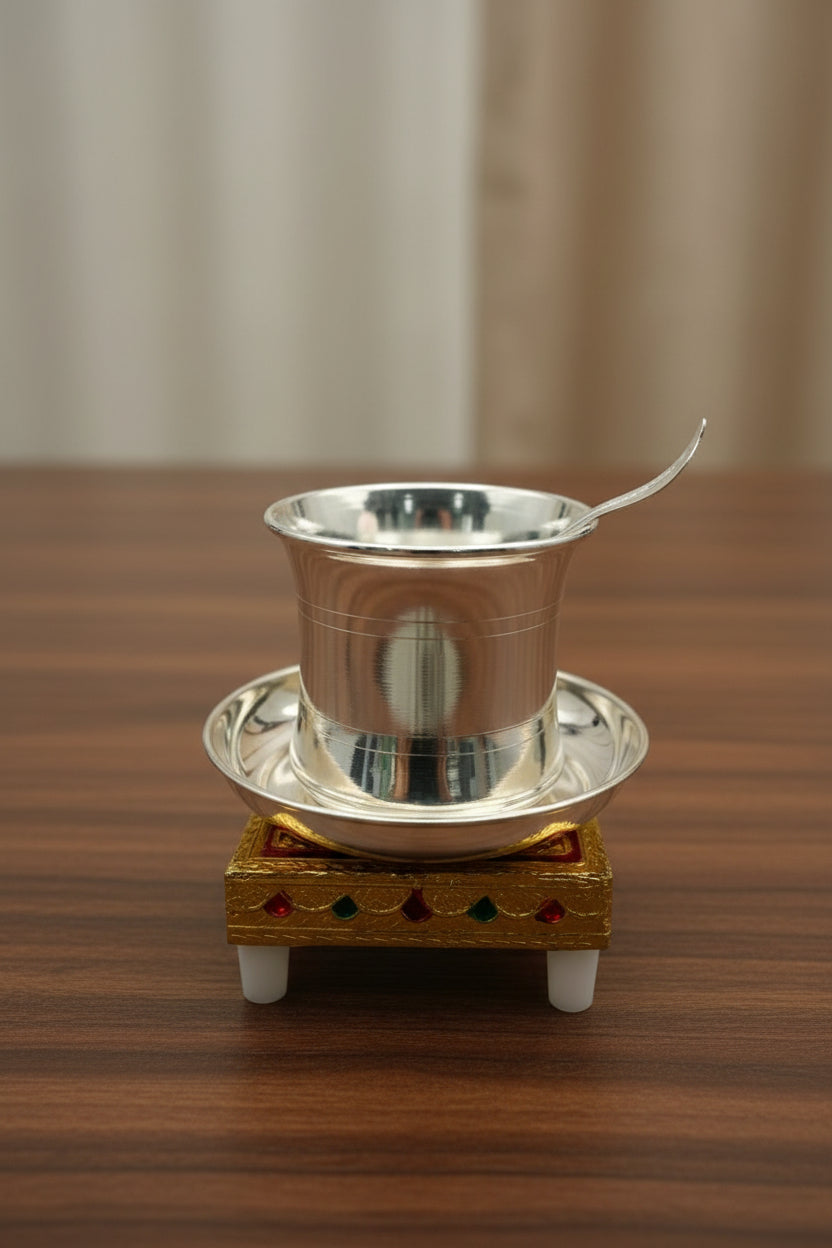 German Silver Panchpatra Set with Golden Chowki – Varalakshmi Pooja Essentials