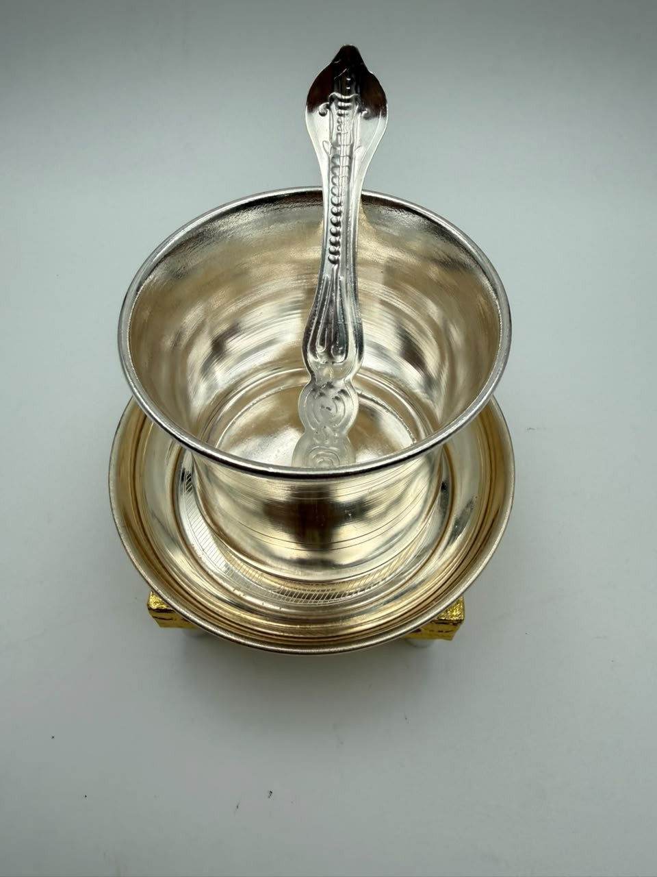 German Silver Panchpatra Set with Golden Chowki – Varalakshmi Pooja Essentials
