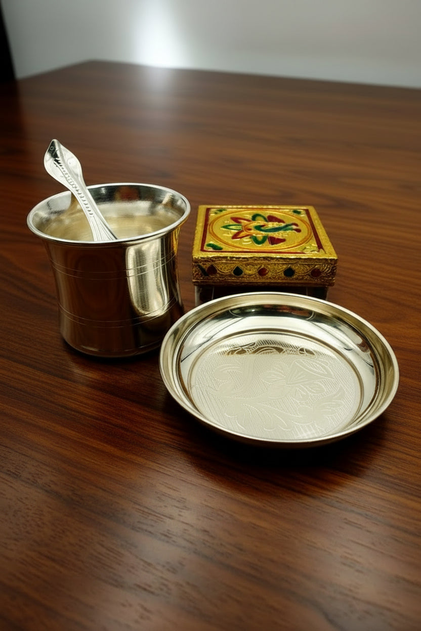 German Silver Panchpatra Set with Golden Chowki – Varalakshmi Pooja Essentials