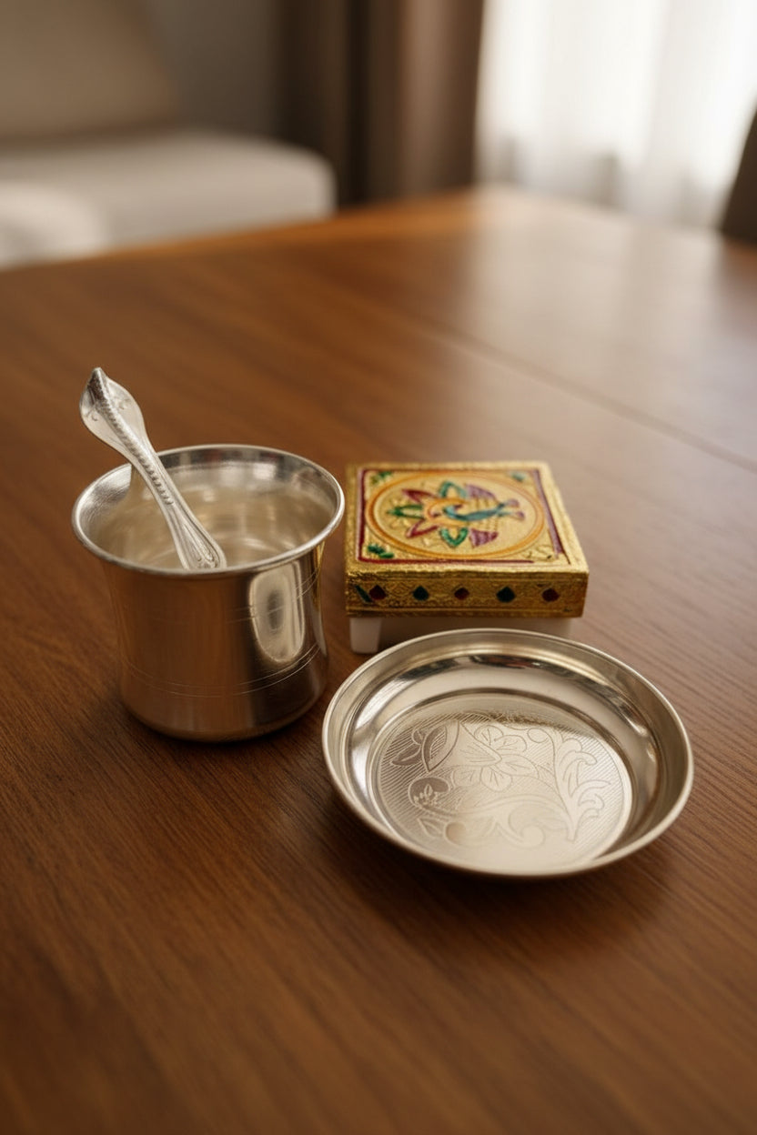German Silver Panchpatra Set with Golden Chowki – Varalakshmi Pooja Essentials