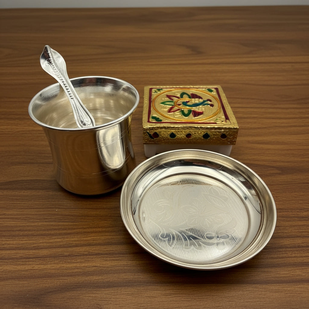 German Silver Panchpatra Set with Golden Chowki – Varalakshmi Pooja Essentials