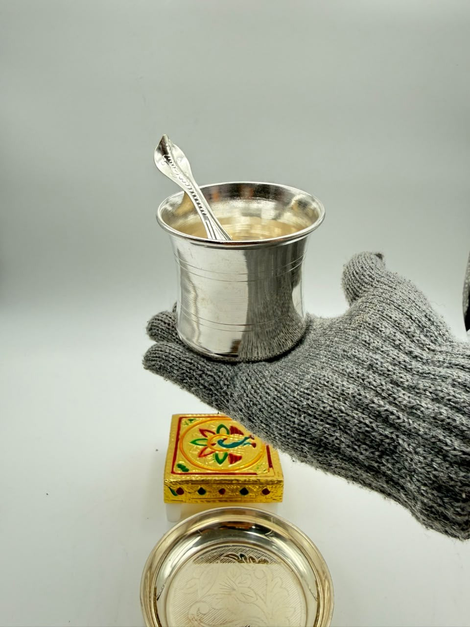 German Silver Panchpatra Set with Golden Chowki – Varalakshmi Pooja Essentials