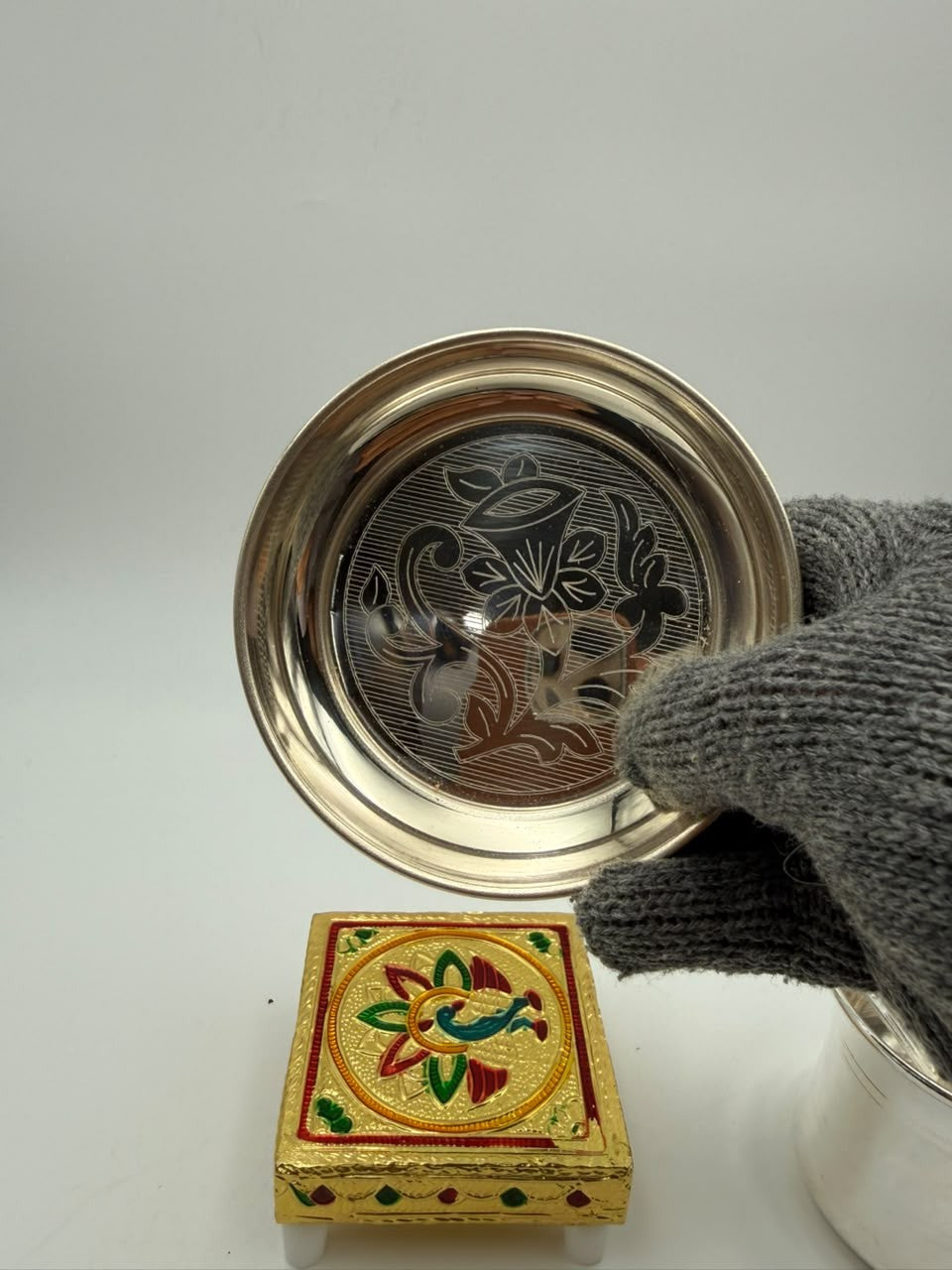 German Silver Panchpatra Set with Golden Chowki – Varalakshmi Pooja Essentials