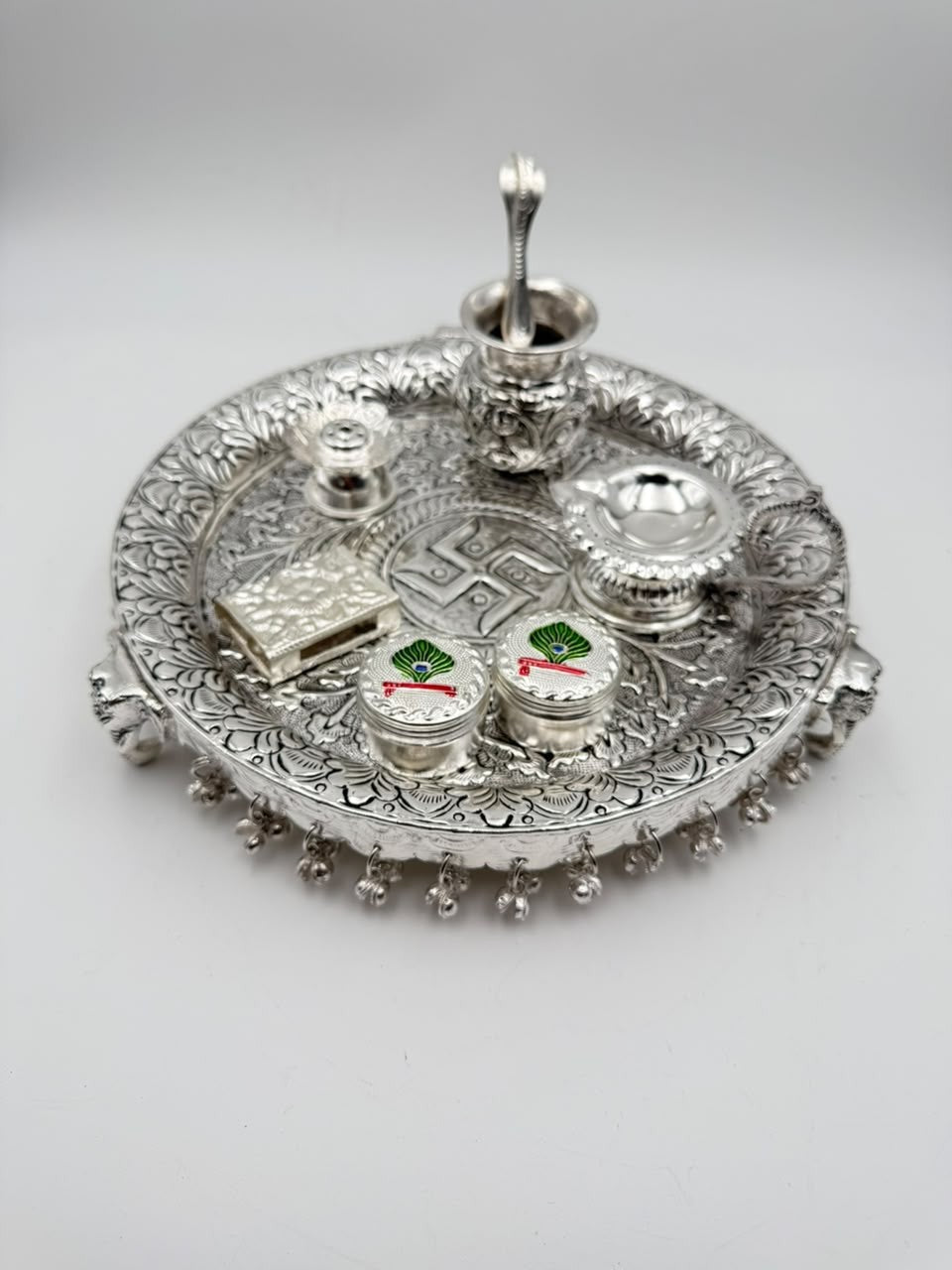 German Silver Antique Finish Elephant Leg Pooja Thali Set – 8 Piece Ritual Ensemble