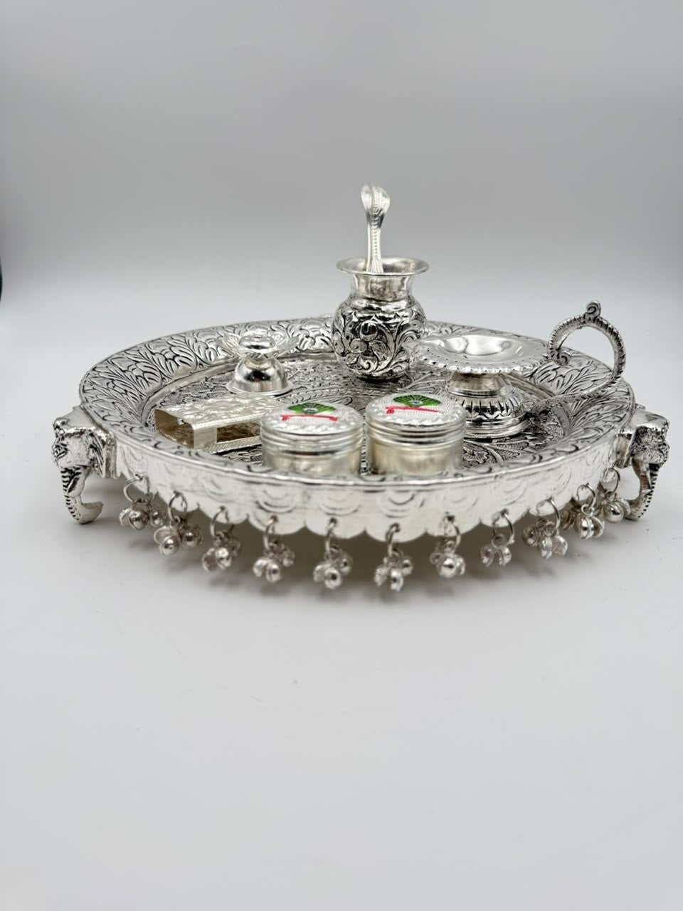 German Silver Antique Finish Elephant Leg Pooja Thali Set – 8 Piece Ritual Ensemble