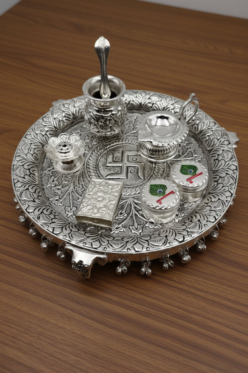 German Silver Antique Finish Elephant Leg Pooja Thali Set – 8 Piece Ritual Ensemble