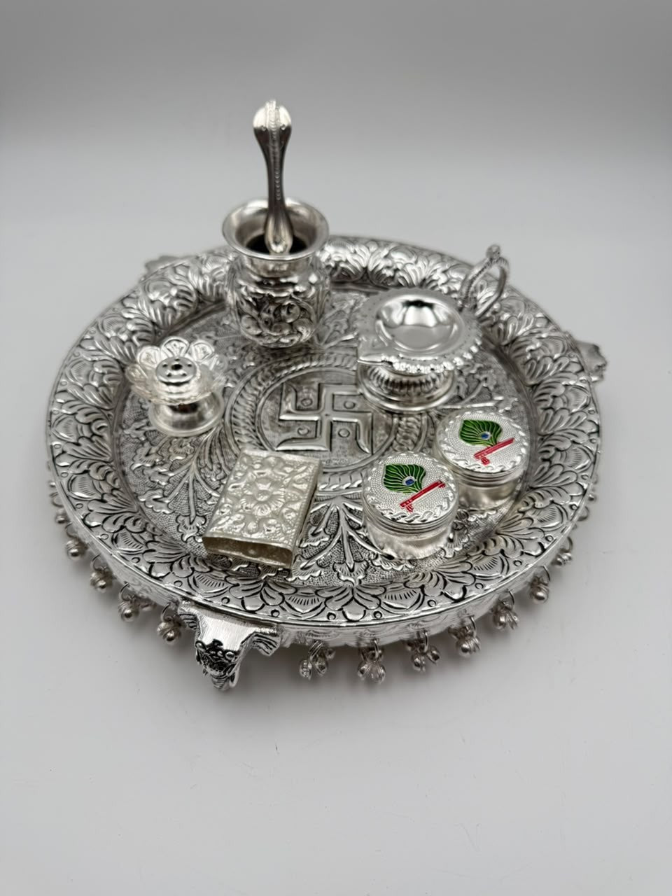 German Silver Antique Finish Elephant Leg Pooja Thali Set – 8 Piece Ritual Ensemble