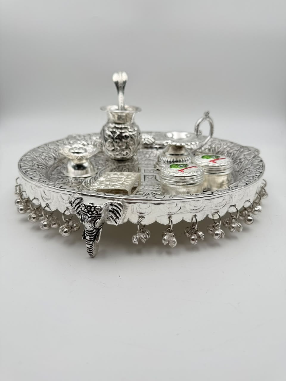 German Silver Antique Finish Elephant Leg Pooja Thali Set – 8 Piece Ritual Ensemble