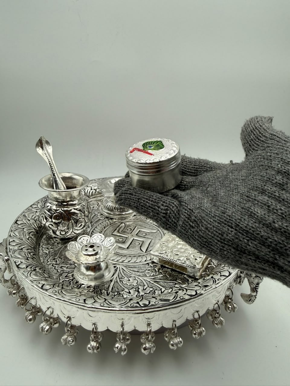 German Silver Antique Finish Elephant Leg Pooja Thali Set – 8 Piece Ritual Ensemble