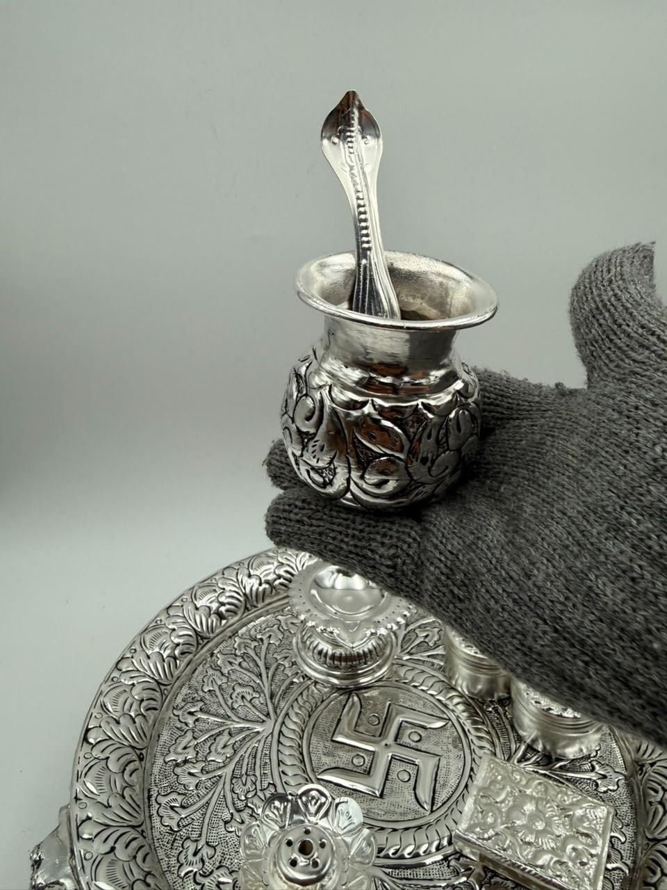 German Silver Antique Finish Elephant Leg Pooja Thali Set – 8 Piece Ritual Ensemble