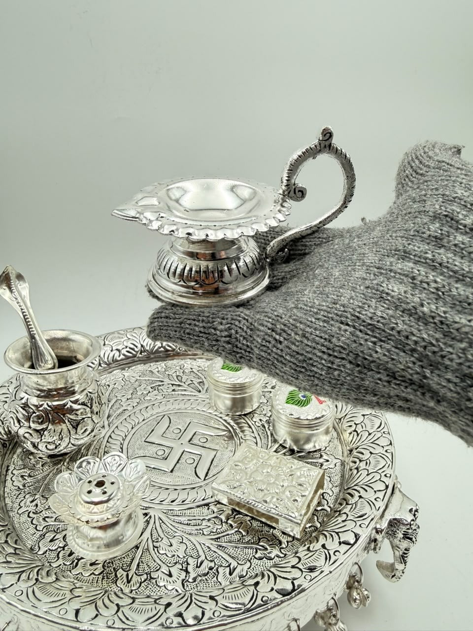 German Silver Antique Finish Elephant Leg Pooja Thali Set – 8 Piece Ritual Ensemble
