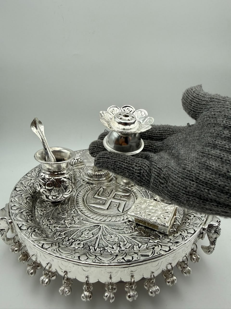 German Silver Antique Finish Elephant Leg Pooja Thali Set – 8 Piece Ritual Ensemble