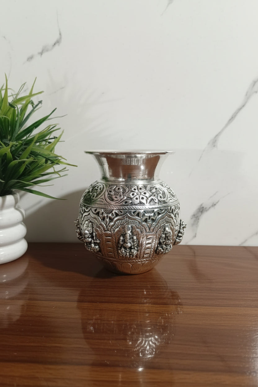 German Silver Antique Finish Ashta Lakshmi Kalash – 5" Pooja Pot for Diwali & Varalakshmi Vratham