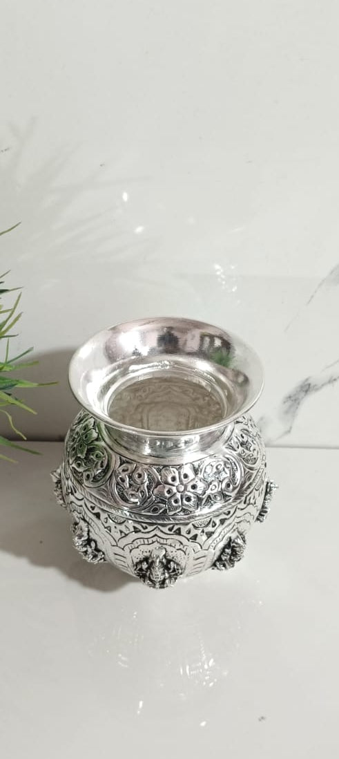 German Silver Antique Finish Ashta Lakshmi Kalash – 5" Pooja Pot for Diwali & Varalakshmi Vratham