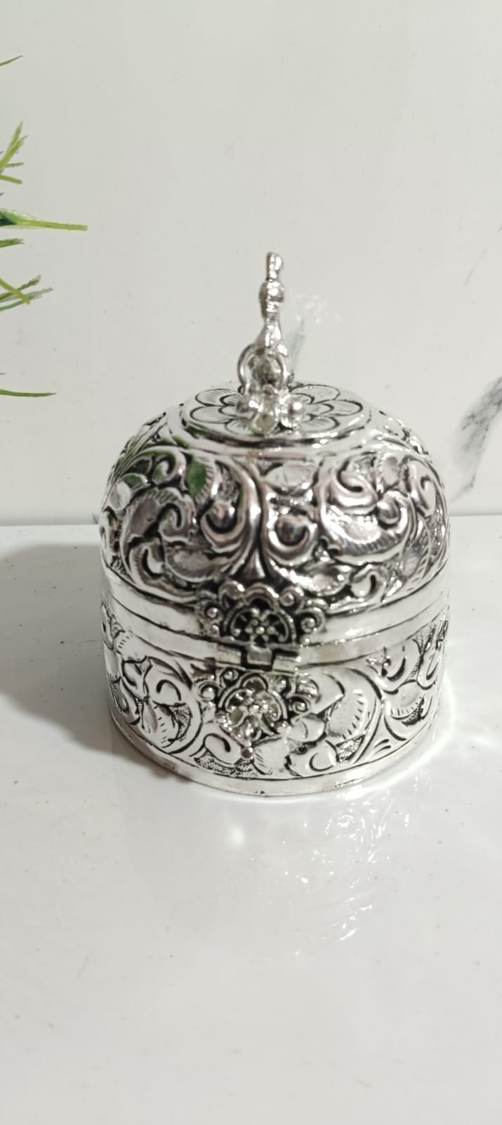 German Silver Round Dabbi with Peacock – Set of 2 Gift & Pooja Essentials