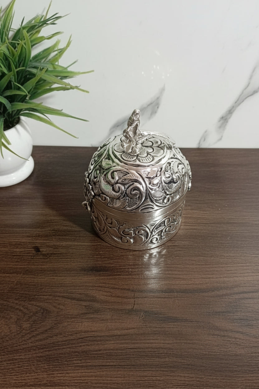 German Silver Round Dabbi with Peacock – Set of 2 Gift & Pooja Essentials