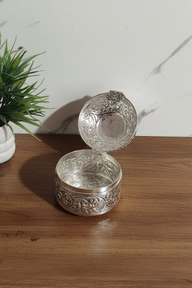 German Silver Round Dabbi with Peacock – Set of 2 Gift & Pooja Essentials
