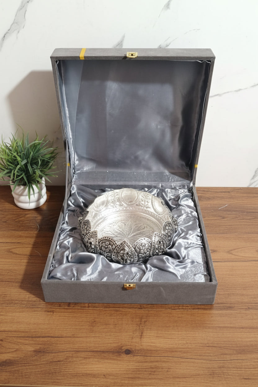 German Silver Antique Finish Ashta Lakshmi Urli – 8" Pooja Bowl with Velvet Gift Box