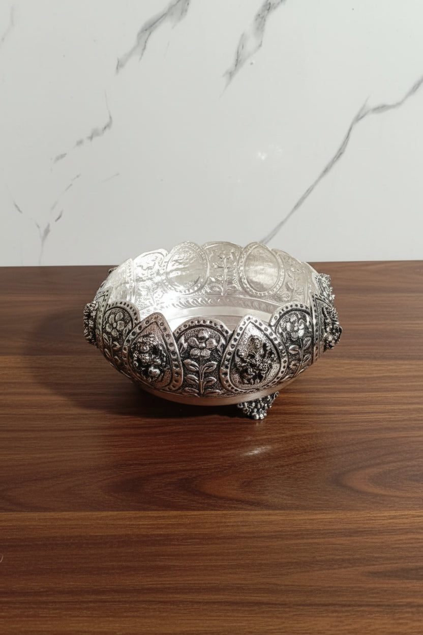 German Silver Antique Finish Ashta Lakshmi Urli – 8" Pooja Bowl with Velvet Gift Box
