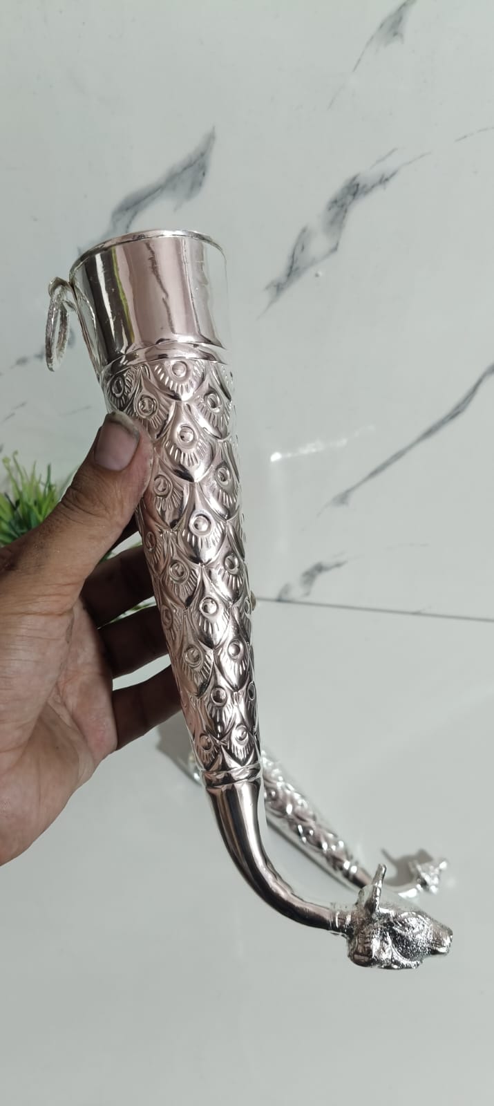 German Silver Antique Finish Abhishek Sirangi – Big Size with Nandi Head for Abhishekam