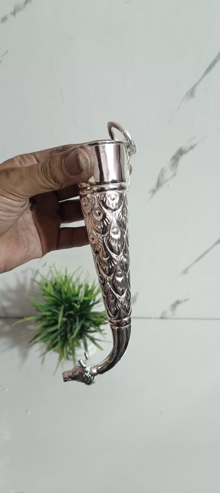 German Silver Antique Finish Abhishek Sirangi – small Size with Nandi Head for Abhishekam