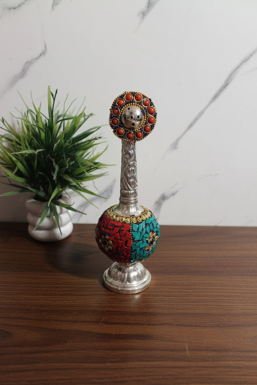 German Silver Rose Water Dispenser with Stone Work – Elegant Pooja & Festive Accessory