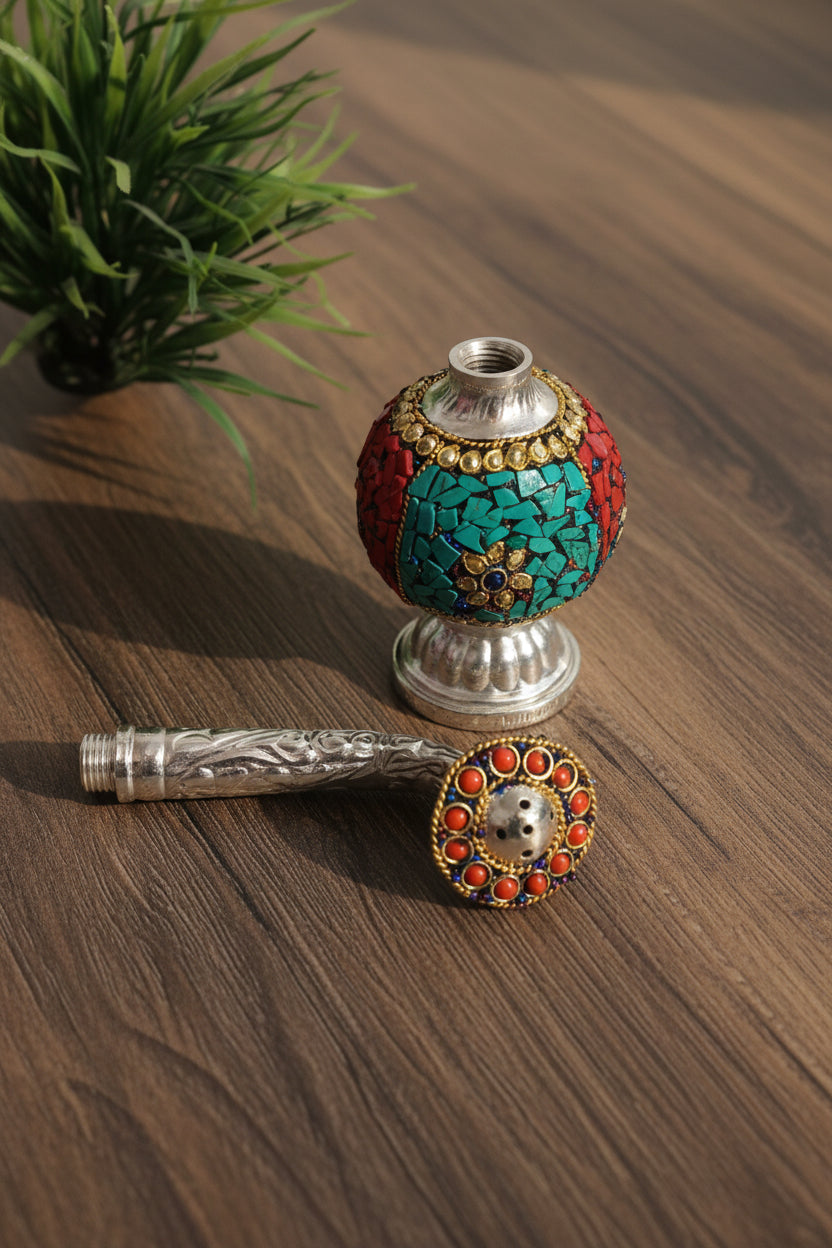 German Silver Rose Water Dispenser with Stone Work – Elegant Pooja & Festive Accessory