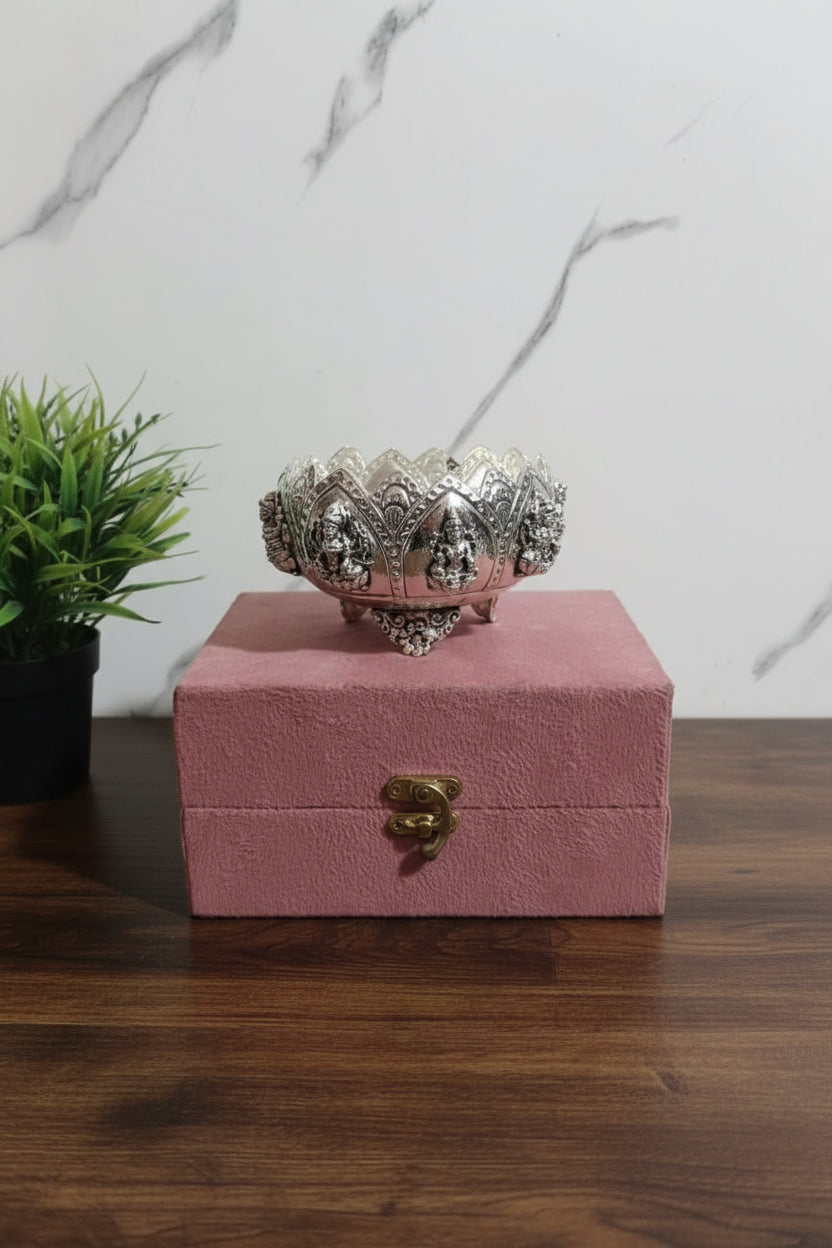 German Silver Antique Finish Ashta Lakshmi Bowl – 4.5" for Prasadam, Sweets, Gifts & Pooja
