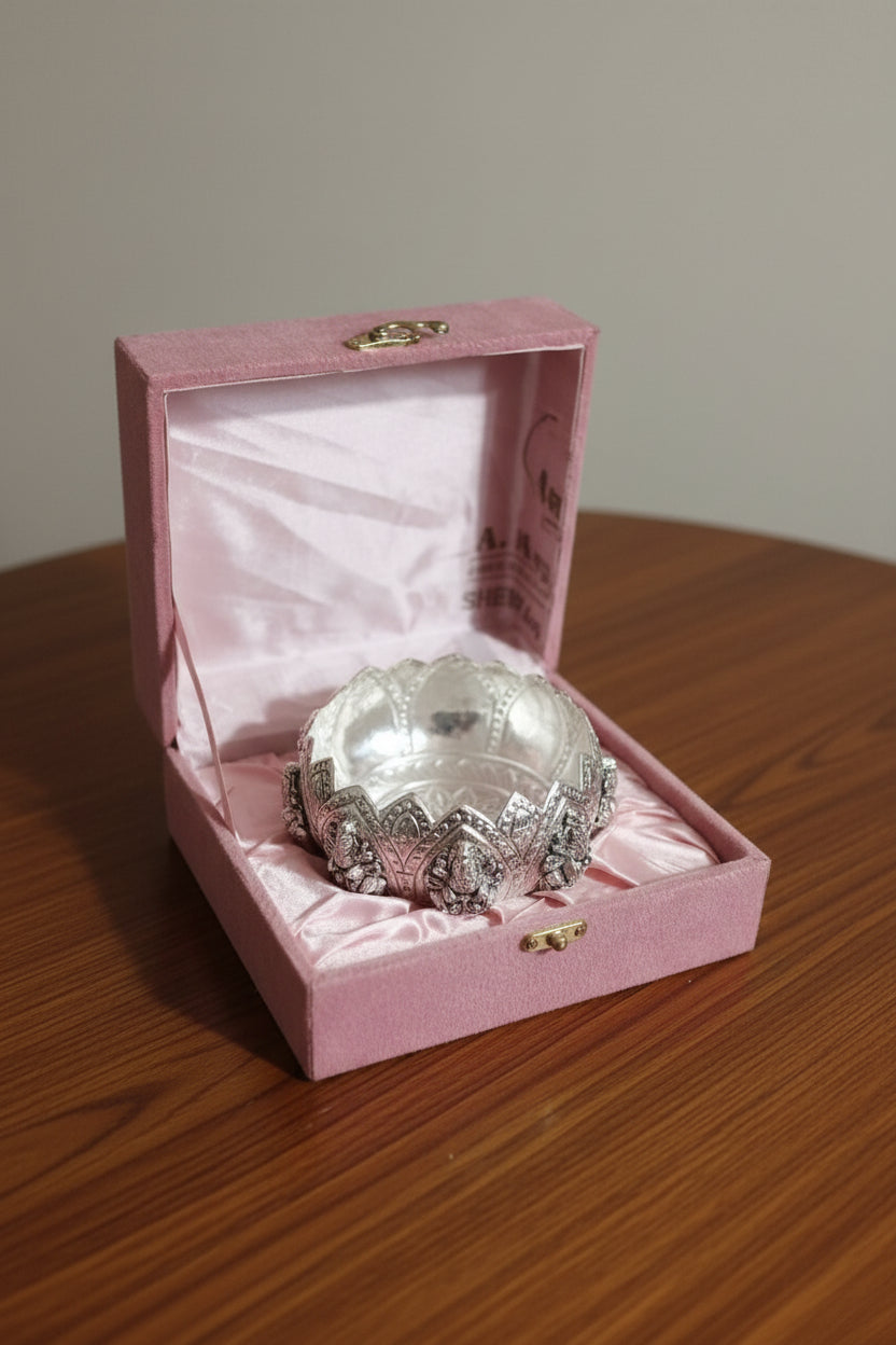 German Silver Antique Finish Ashta Lakshmi Bowl – 4.5" for Prasadam, Sweets, Gifts & Pooja