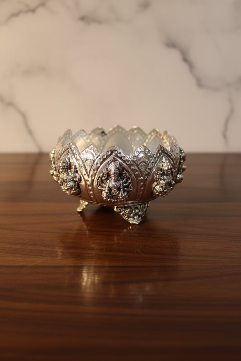 German Silver Antique Finish Ashta Lakshmi Bowl – 4.5" for Prasadam, Sweets, Gifts & Pooja