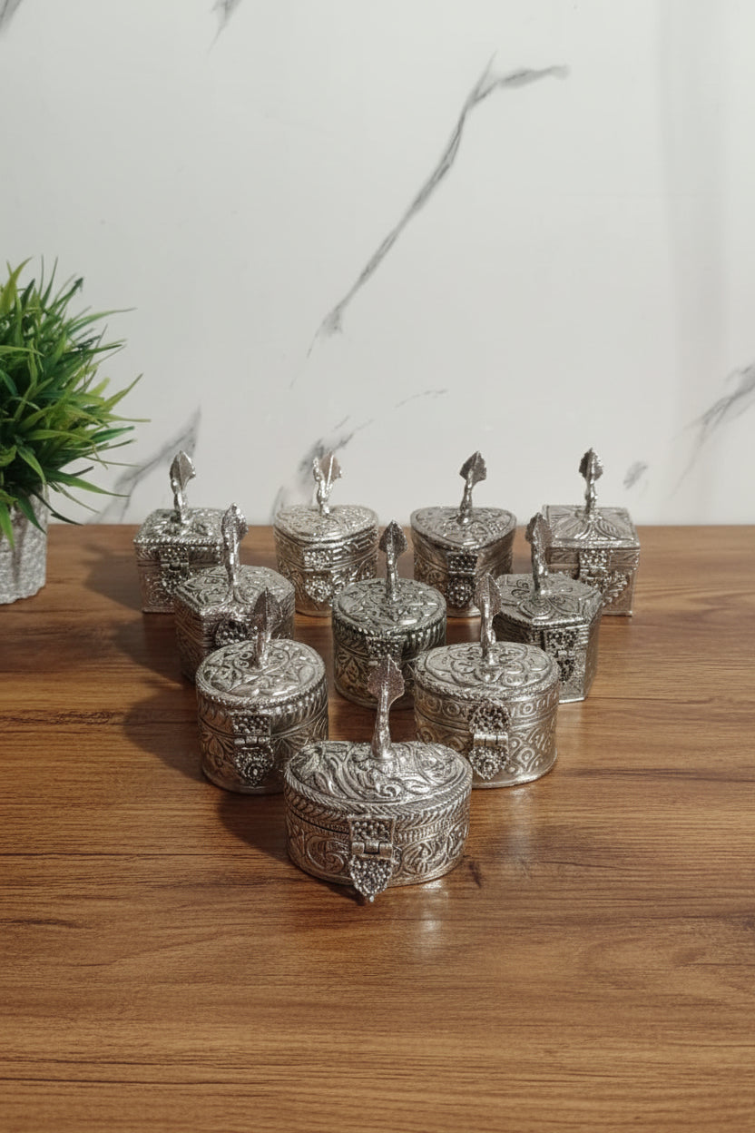 German Silver Carving Dabbi with Peacock – Small Size Set of 10 Pooja & Gift Items